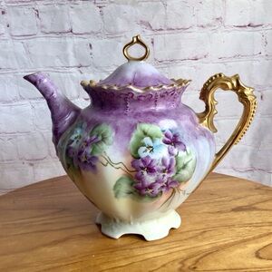 Vintage Signed Selb Bavaria Germany Purple and Blue Floral Footed Teapot